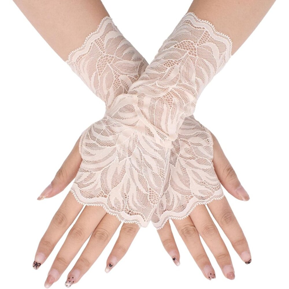 Women's St132-G-Nude Elegant Floral Lace Fingerless Short Gloves Party Prom
